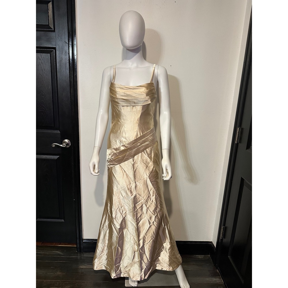 Champagne Gold Satin Formal Evening Gown One Shoulder Bow Corset Back Maxi Dress